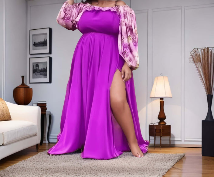 Purple off-shoulder floral maxi dress with ruffled sleeves and side slit