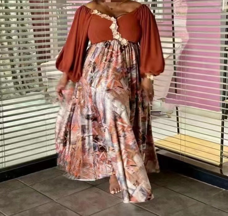 Long-Sleeve Empire Waist Maxi Dress with Lace Trim Neckline