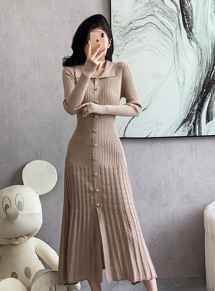 Khaki ribbed knit midi dress with button front placket, point collar, long sleeves.
