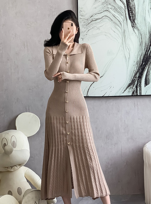 Khaki ribbed knit midi dress with button front placket, point collar, long sleeves.