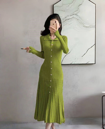 Yellow-green ribbed knit midi dress with button front, point collar, long sleeves.