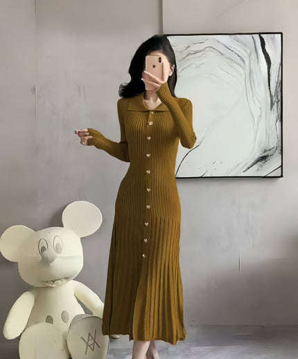 Brown ribbed knit midi dress with button front, point collar, long sleeves, flared hem.