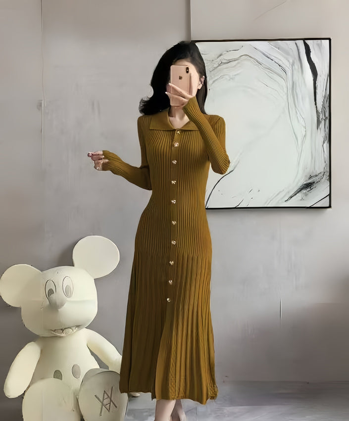 Brown ribbed knit midi dress with button front, point collar, long sleeves, flared hem.