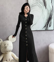 Button-Front Ribbed Knit Midi Dress with Long Sleeves and Pleated Hem Design