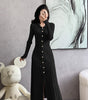 Button-Front Ribbed Knit Midi Dress with Long Sleeves and Pleated Hem Design