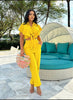 Relaxed knot-front blouse with ruffled sleeves and matching wide-leg pants, yellow