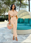 Relaxed knot-front blouse with ruffled sleeves and matching wide-leg pants, beige