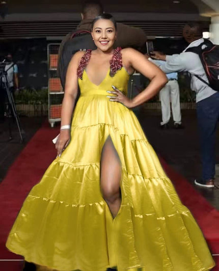 Yellow deep V maxi dress with sleeveless bodice and high front slit tiered skirt