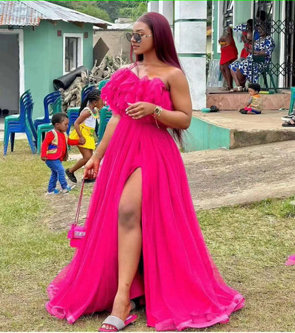 Deep pink maxi dress with sweetheart neckline and high front slit