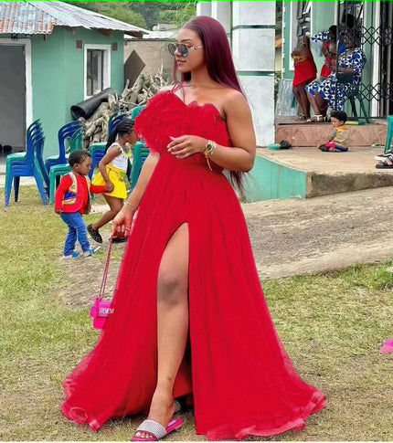 Red maxi dress with sweetheart neckline and high front slit