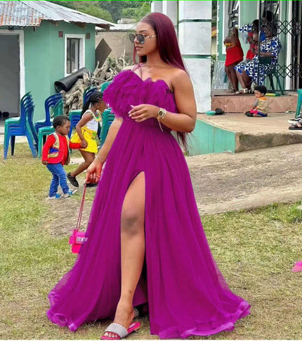 Maroon maxi dress with sweetheart neckline and high front slit