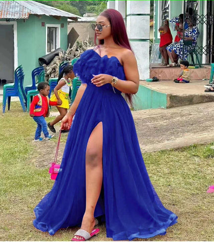 Royal blue maxi dress with sweetheart neckline and high front slit