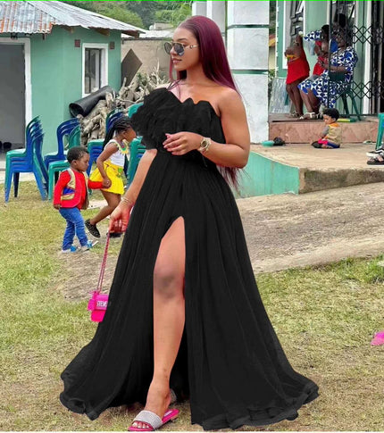 Black maxi dress with sweetheart neckline and high front slit