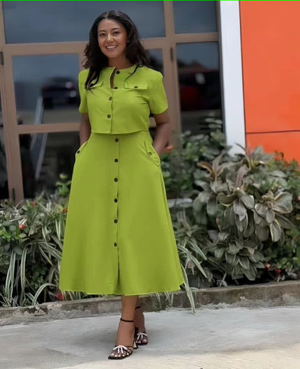 Green collared waist-fit midi dress with short sleeves, button front, and side pockets