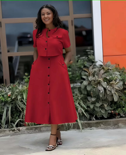 Red collared waist-fit midi dress with short sleeves, button front, and side pockets