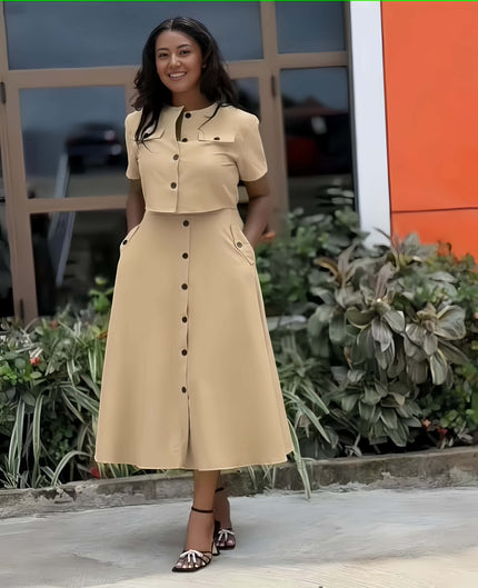 Beige collared waist-fit midi dress with short sleeves, button front, and side pockets