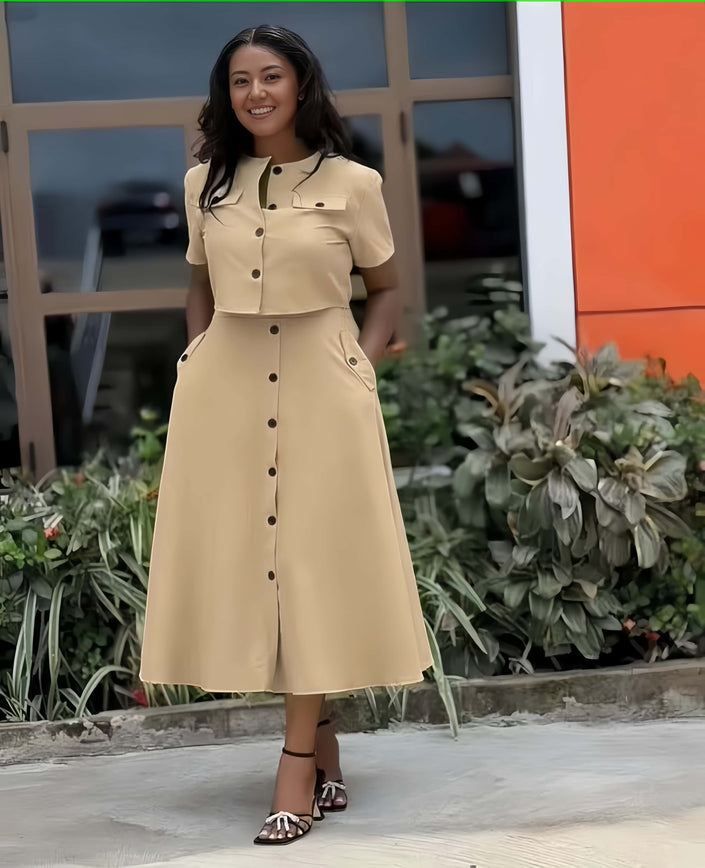 Beige collared waist-fit midi dress with short sleeves, button front, and side pockets