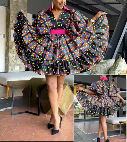 Puff sleeve mini dress, colorful geometric print with black waist belt