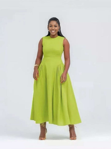 Yellow-green sleeveless maxi dress with pleated waist and gathered skirt