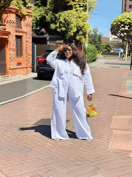 White utility shirt and wide-leg pants set with chest pockets, relaxed silhouette