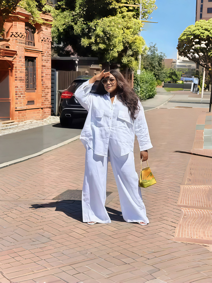 White utility shirt and wide-leg pants set with chest pockets, relaxed silhouette