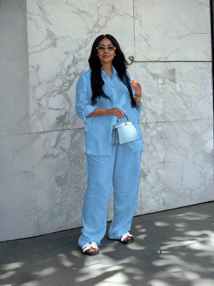 Sky-blue utility shirt and wide-leg pants set with chest pockets, relaxed fit