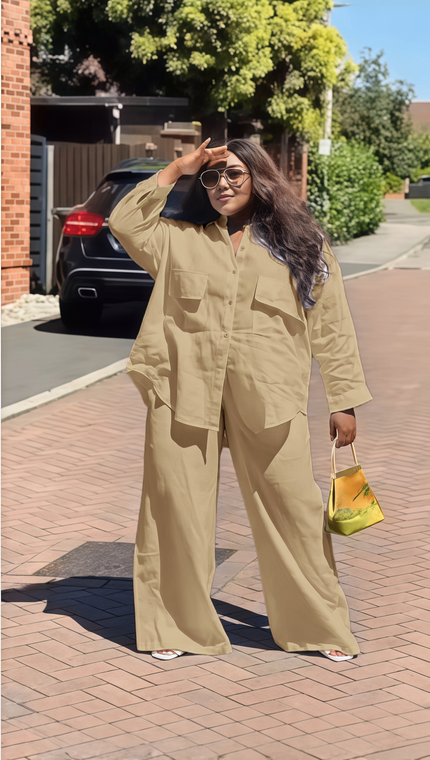 Nude utility shirt and wide-leg pants set with chest pockets, loose silhouette