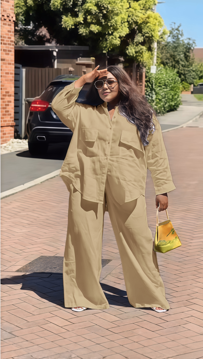 Nude utility shirt and wide-leg pants set with chest pockets, loose silhouette