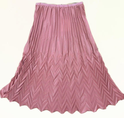 Pink pleated midi skirt with chevron zigzag pleats and elastic stretch waistband