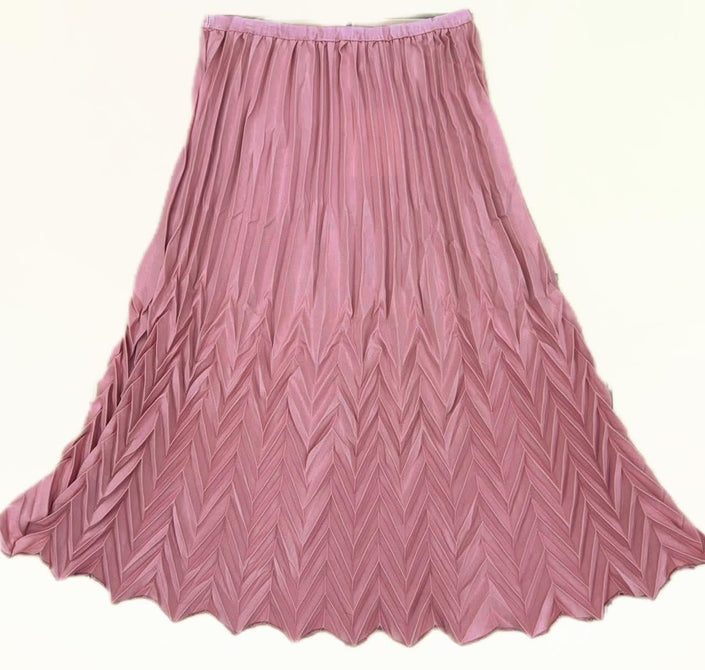 Pink pleated midi skirt with chevron zigzag pleats and elastic stretch waistband