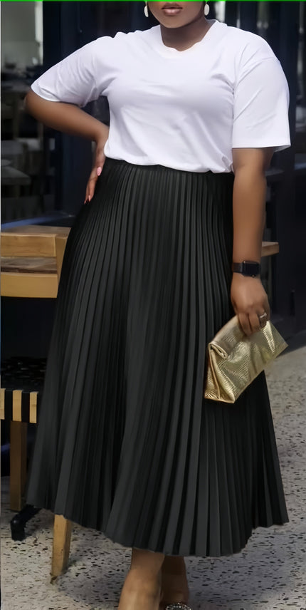Pleated midi skirt with stretch waistband, black