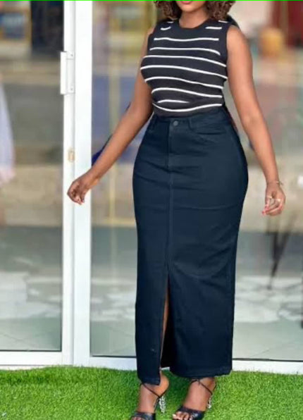 Skirt High Waist Belted Front Slit Chic