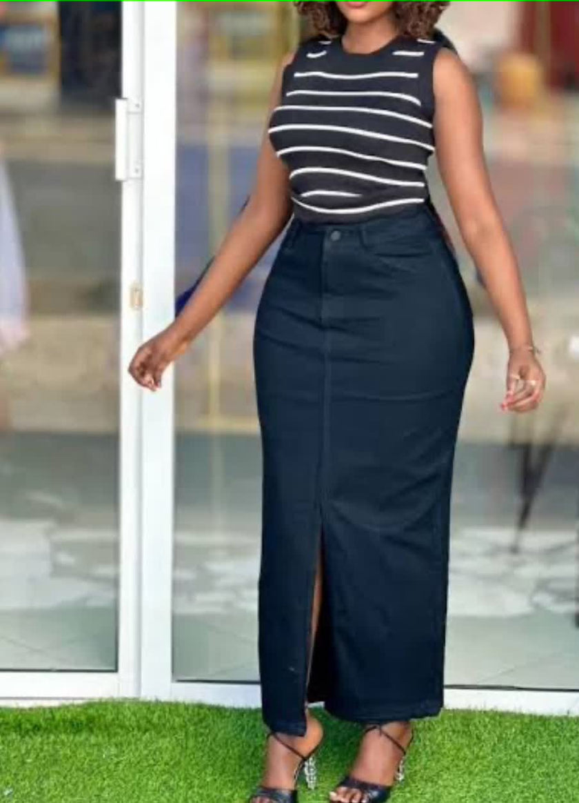 High-Waist Belted Skirt with Front Slit Design