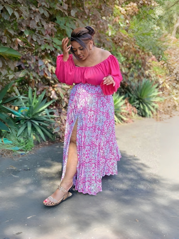 Floral off-shoulder twin set with slit midi skirt, pink blouse and patterned skirt