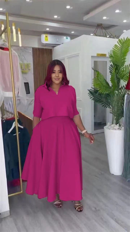 Deep-pink collared shirt and A-line skirt set with belted waist, 3/4 sleeves