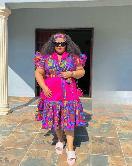 Multicolor printed midi dress with puff sleeves and tiered skirt, bright pink accents