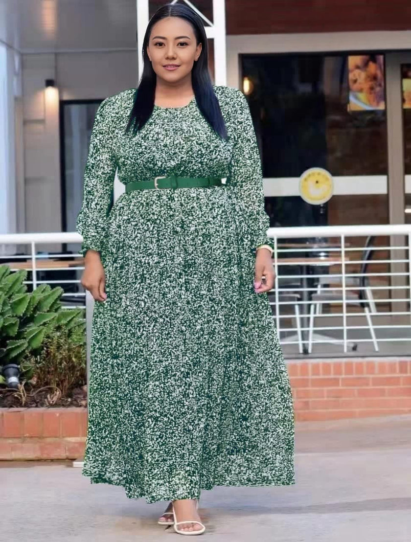Plus size maxi dress with long sleeves, stretch waist, green speckled print