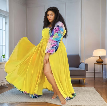 Yellow off-shoulder floral maxi dress with puff sleeves and ruffled hem