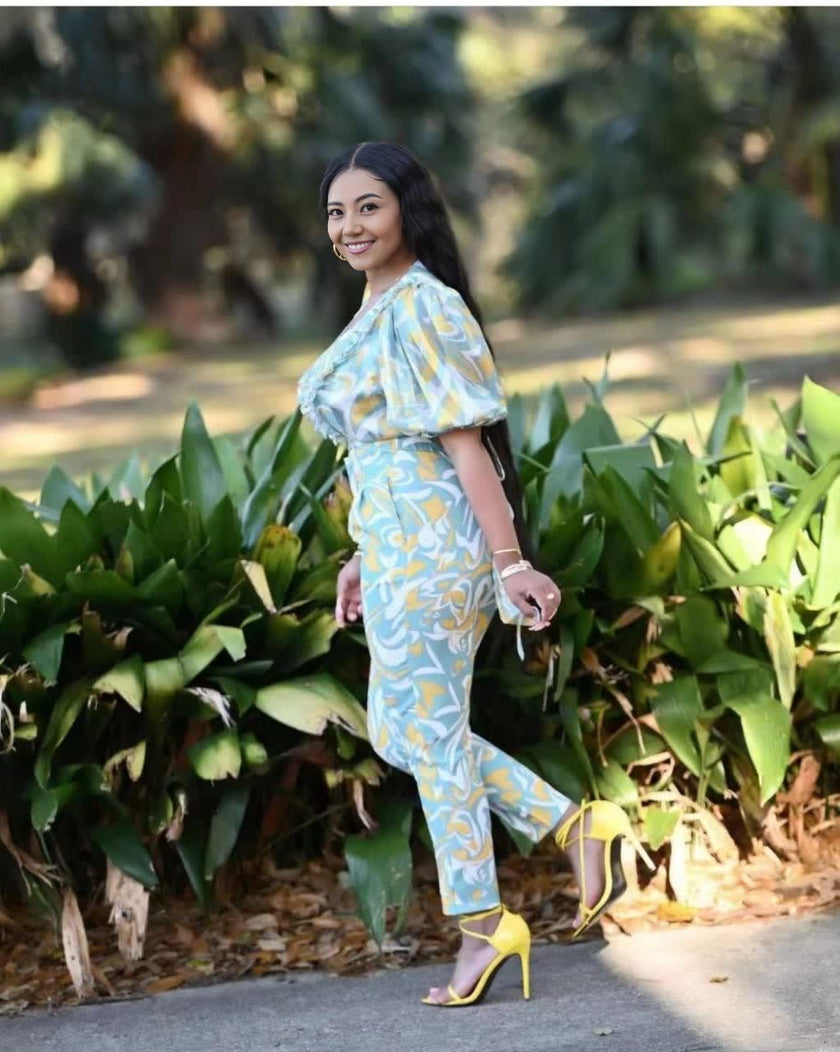 V-Neck Short-Sleeve Patterned Twin Sets