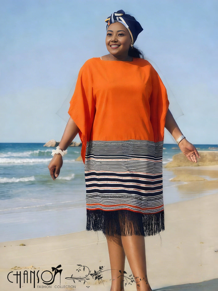 Orange-red midi dress with striped skirt bands and fringed hem