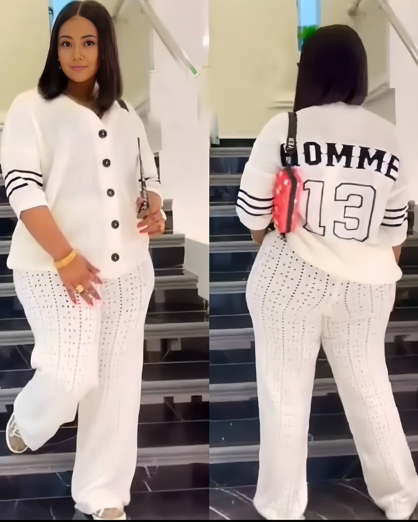 Women's Casual Sports Style Letter Print Top and Hollow Loose Long Pants Set