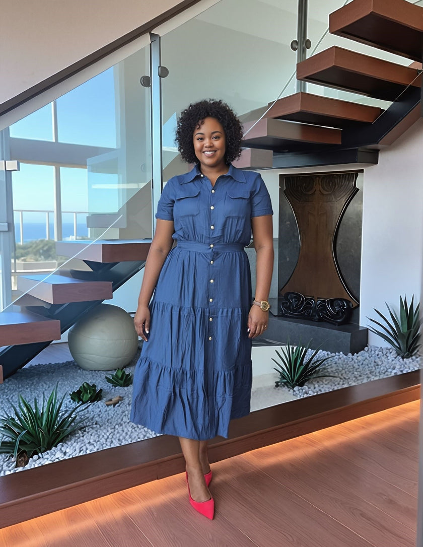 Tiered Button-Down Midi Dress with Waist Detail and Chest Pockets