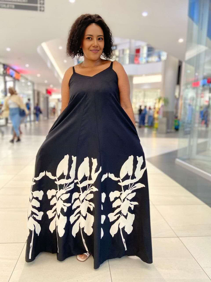 Loose Fit Flared Spaghetti Strap Dress, Tropical Plant Print