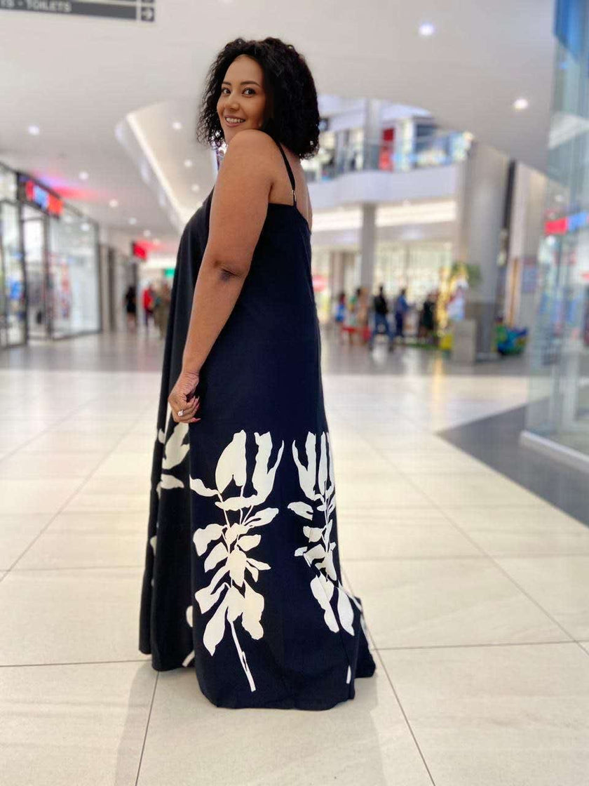 Loose Fit Flared Spaghetti Strap Dress, Tropical Plant Print