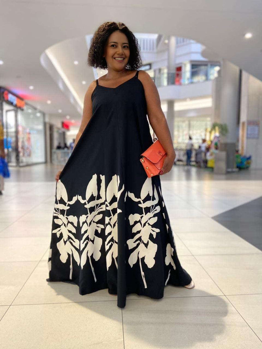 Loose Fit Flared Spaghetti Strap Dress, Tropical Plant Print