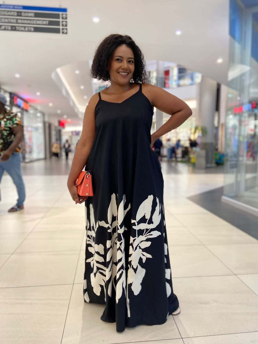 Loose Fit Flared Spaghetti Strap Dress, Tropical Plant Print