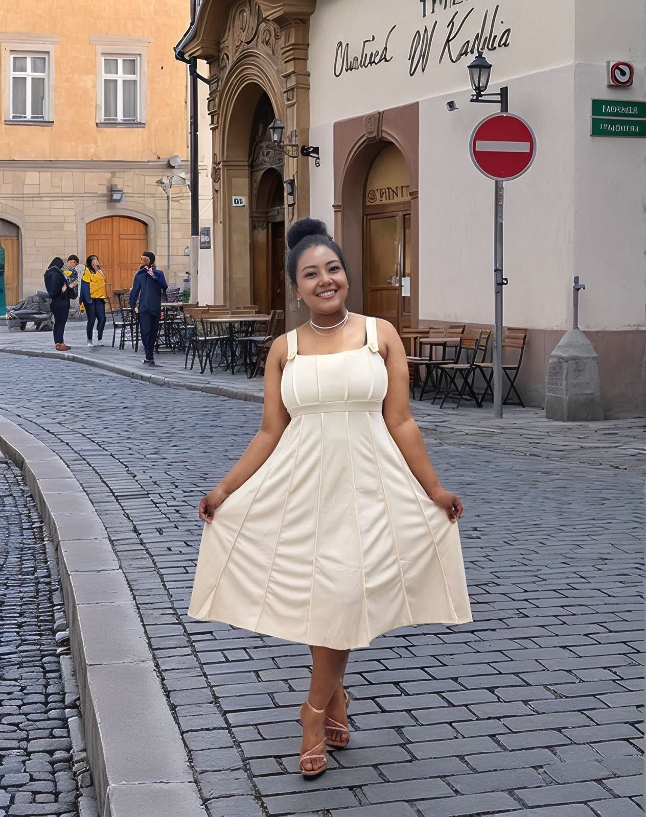 Cream sleeveless pleated midi dress with square neckline and flared skirt