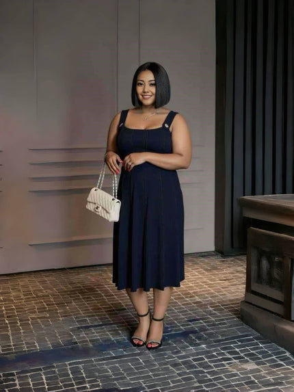 Dark navy pleated midi dress, sleeveless with square neckline and adjustable straps