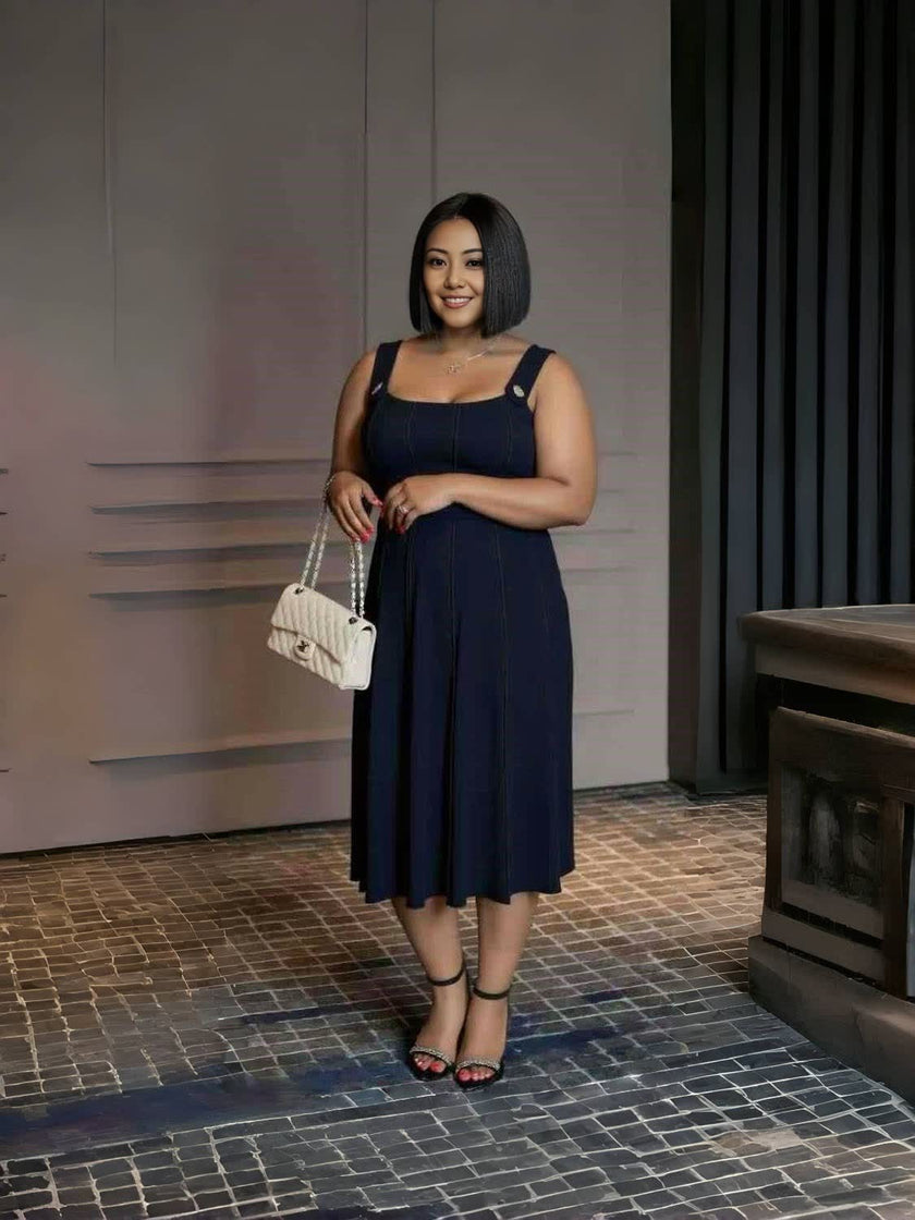 Dark navy pleated midi dress, sleeveless with square neckline and adjustable straps