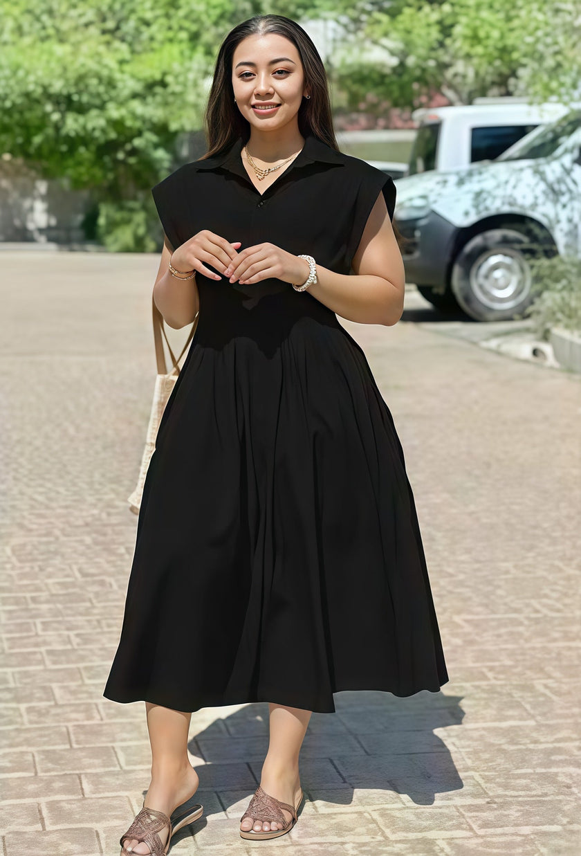 Sleeveless Pleated Belt Dress with Buttoned Front and Relaxed Skirt